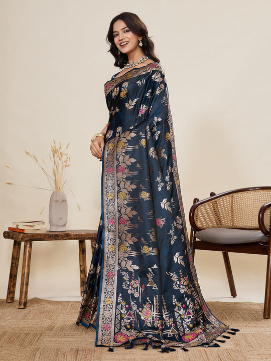Teal Blue Soft Silk Sarees Premium Two Tone Satin Fabric With Unique Pathani Type Designs Saree With Blouse Piece