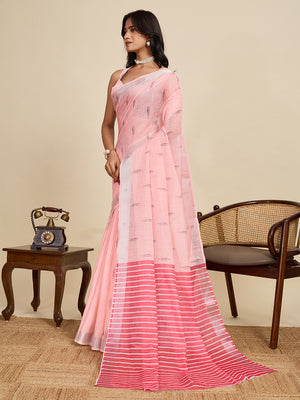 Baby Pink Linen Saree With Jari Border All Over Single Colour Printed Saree With Blouse Piece