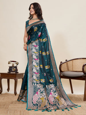 Teal Green Soft Silk Sarees Premium Two Tone Satin Fabric With Unique Pathani Type Designs Saree With Blouse Piece