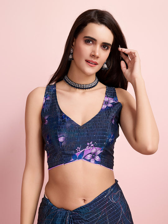 Blue Silk Blend Party Wear Saree With Blouse Piece