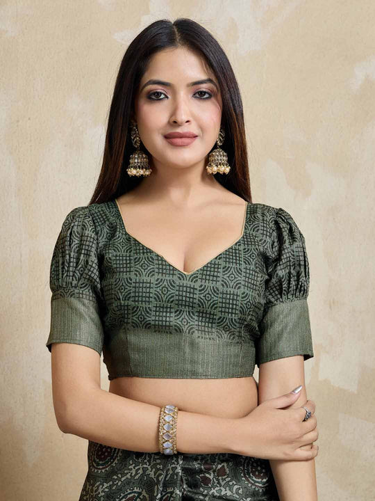 Olivegreen Pure Handloom Tussar Woven Pallu Ajrakh Printed With Blouse Piece