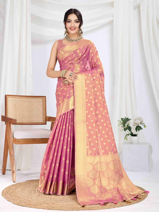 Pink Pure Tissue Silk Banarasi Saree With Brocade Blouse Piece