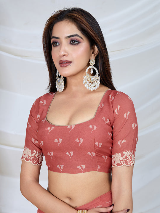 Poly Georgette Geometric Print Saree With Embroidery And Scaloping Work With Unstitched Blouse Piece