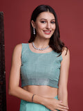 Turquoise Linen Blend Saree With Blouse Piece