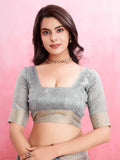 Grey Cotton Banarasi Woven Rich Pallu Printed Saree With Blouse Piece