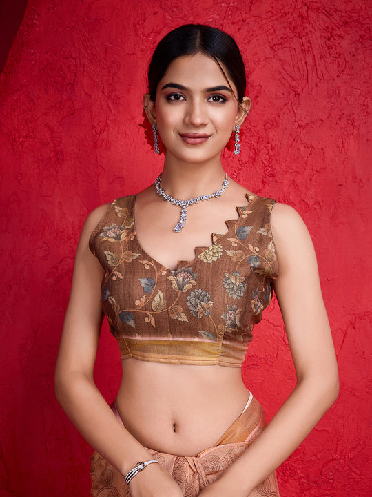 Peach Poly Silk Festival Saree With Blouse Piece