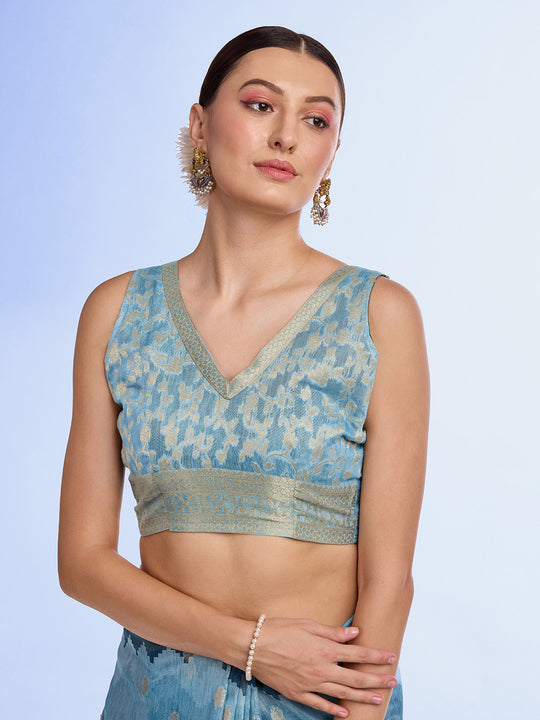 Blue Cotton Blend Saree With Blouse Piece