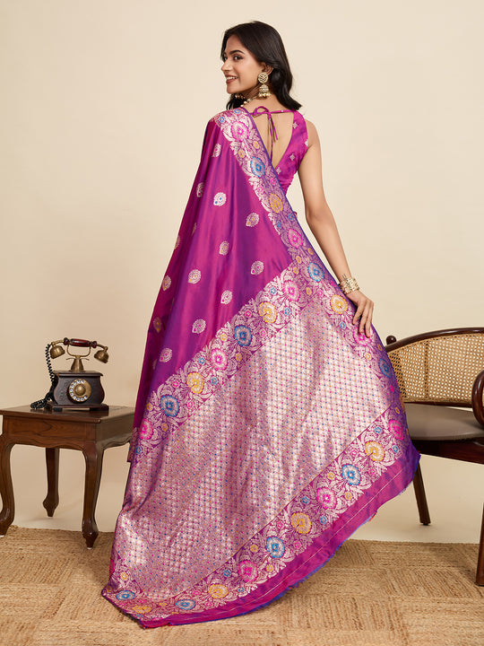 Violet Pure Jacquard Fabrics With Sona Chandi Pure Zari Work Saree With Blouse Piece