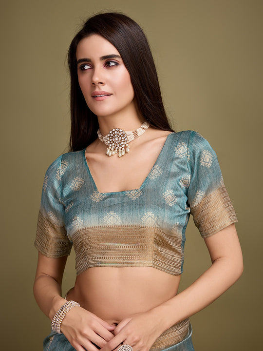 Turquoise Blue Silk Blend Saree With Blouse Piece