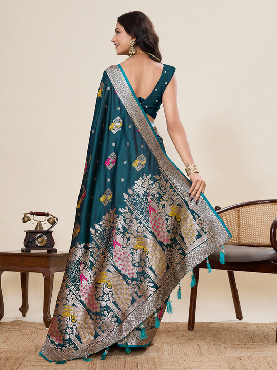 Teal Green Soft Silk Sarees Premium Two Tone Satin Fabric With Unique Pathani Type Designs Saree With Blouse Piece