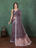 Brown Cotton Banarasi Printed Saree With Thread Embroidery Scalloping  Saree With Blouse Piece