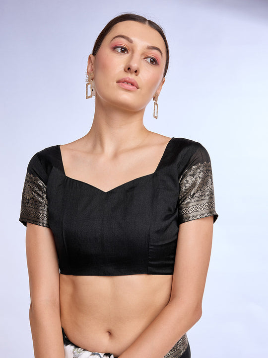 White & Black Dola Silk Saree With Blouse Piece