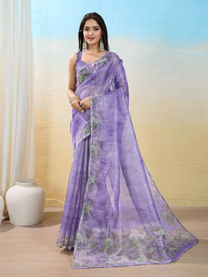 Purple Organza Zari Woven Printed Saree With Hand-Sequence Embellishment Saree With Blouse Piece