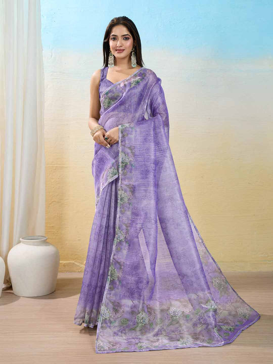 Purple Organza Zari Woven Printed Saree With Hand-Sequence Embellishment Saree With Blouse Piece