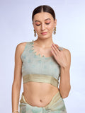 Green Tissue Linen Blend Saree With Blouse Piece