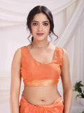 Orange Pure Chiffon Viscose Border Block Printed Saree With Blouse Piece