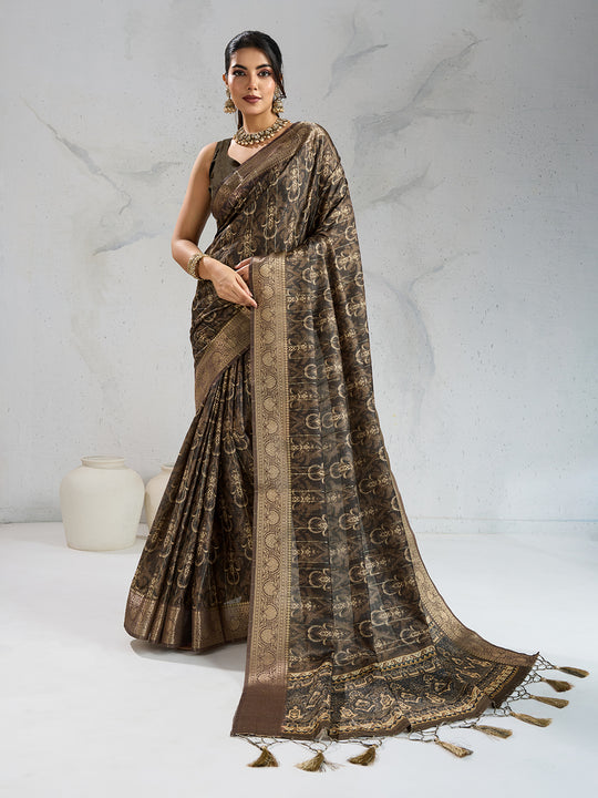 Poly Silk Woven Floral Digital Printed Saree With Woven Jacquard Border And Fancy Tassels