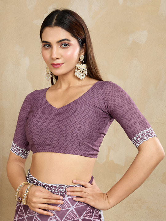 Poly Georgette Geometric Printed Saree With Embroidered Border And Blouse Piece