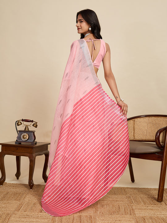 Baby Pink Linen Saree With Jari Border All Over Single Colour Printed Saree With Blouse Piece
