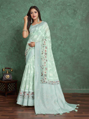 Seagreen Pure Cotton Lucknowi Woven Printed Saree With Tassels Saree With Blouse Piece
