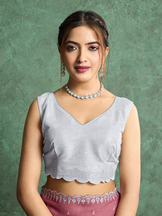 Pure Georgette Solid Embroidered Saree With Scalloping And Fancy Blouse