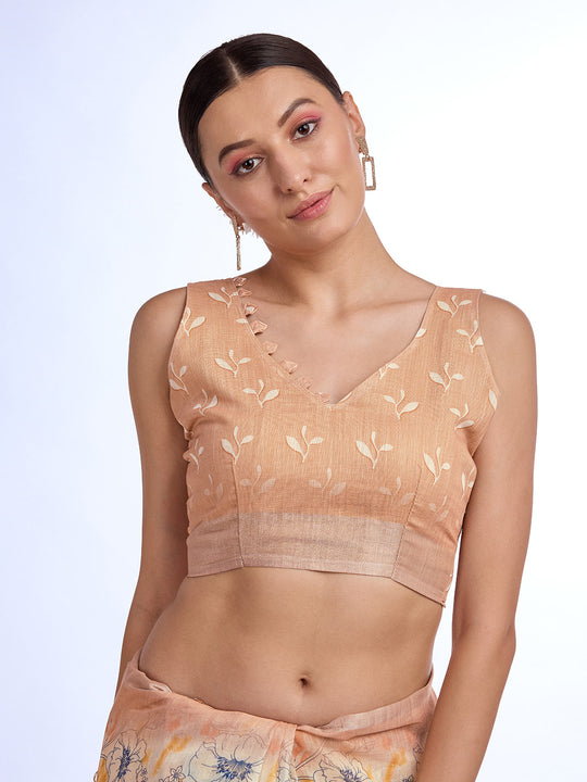 Beige  Linen Blend Saree With Blouse Piece