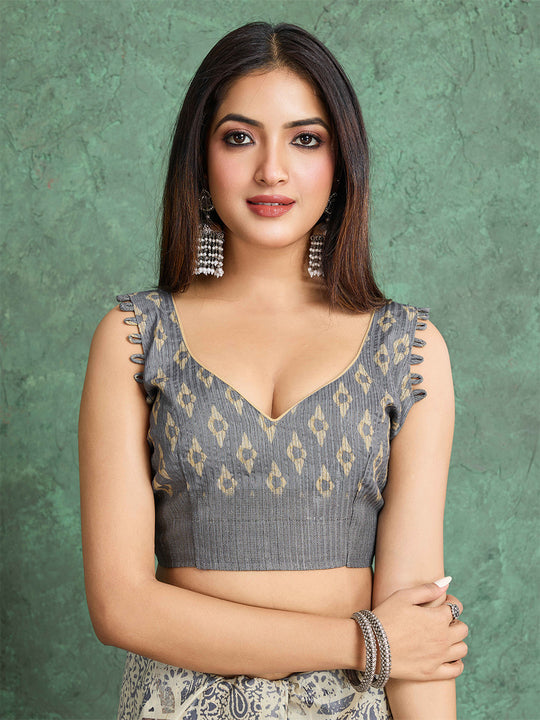 Cream Pure Handloom Tussar Woven Pallu Ajrakh Printed With Blouse Piece