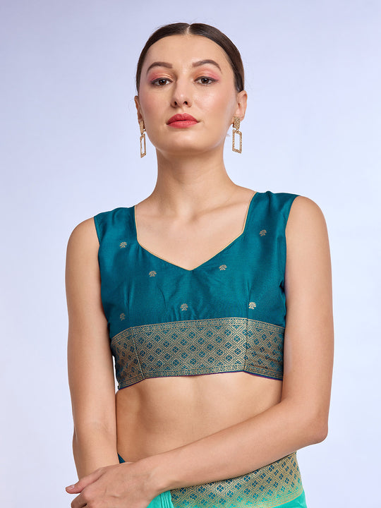 Teal Pure Silk Saree With Blouse Piece