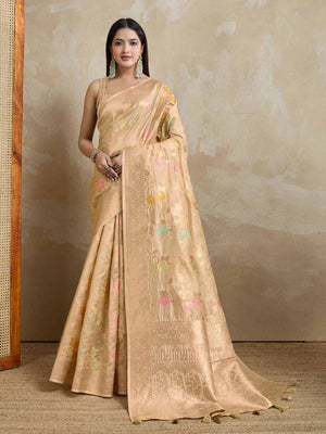 Beige Organza Banarasi Woven Rich Pallu With Blouse Piece