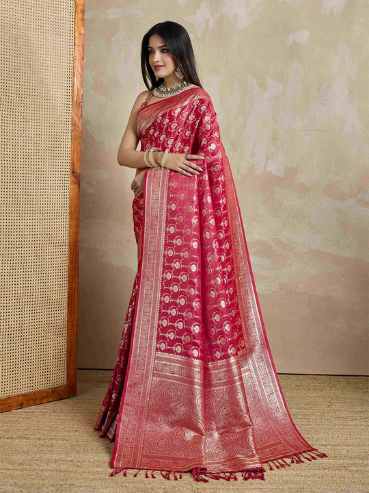 Rosepink Pure Satin Banarasi Saree With Tassels Saree With Blouse Piece