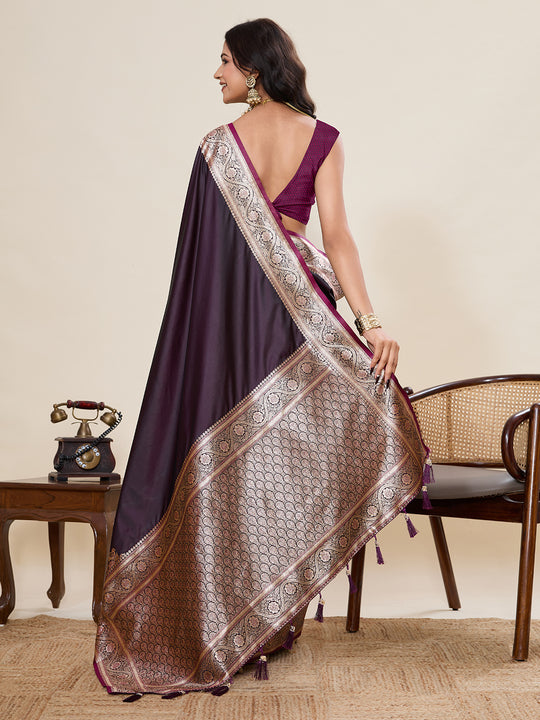 Maroon Pure Satin Silk Gala Border Concept Weaved With Jari And Minakari Rich Pallu Saree With Blouse Piece