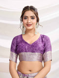 Lavendar Silk Chiffon Viscose Border Floral Printed Saree Saree With Blouse Piece