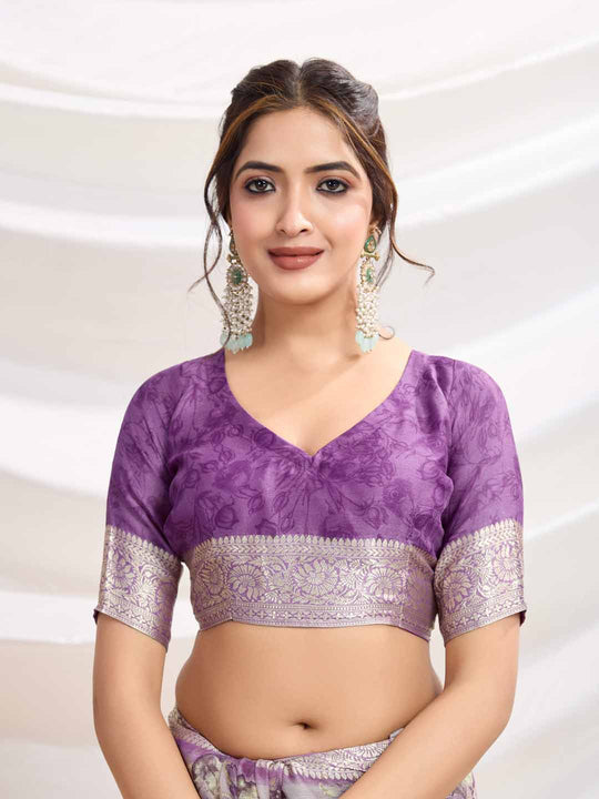 Lavendar Silk Chiffon Viscose Border Floral Printed Saree Saree With Blouse Piece
