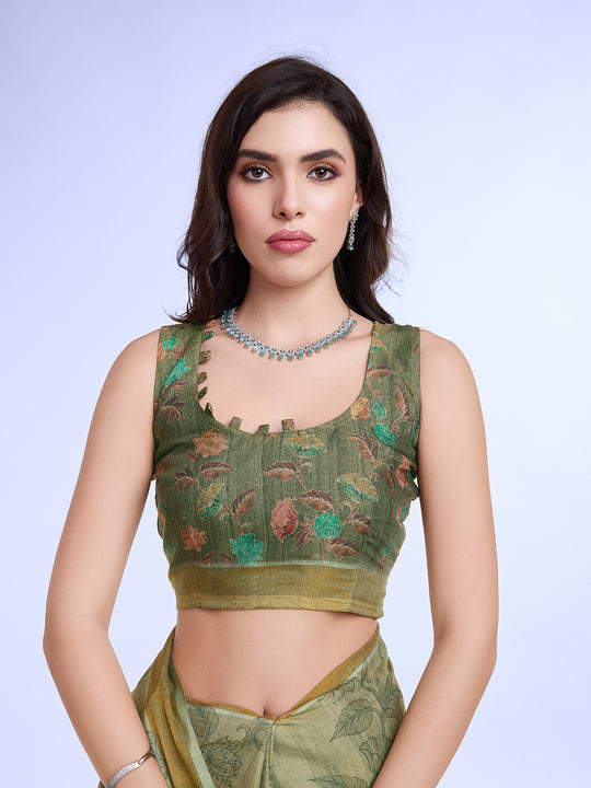 Green Poly Silk Festival Saree With Blouse Piece