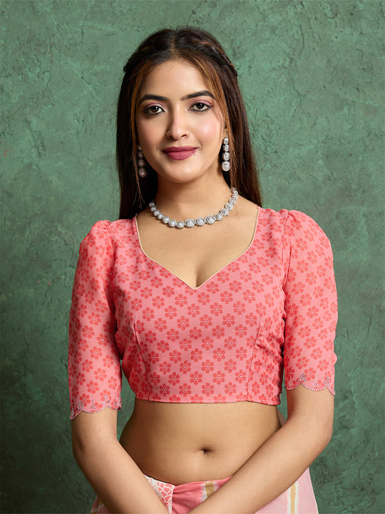 Poly Chiffon Leheriya Printed Saree With A Floral Touch And Swaroski Work With Scalloping