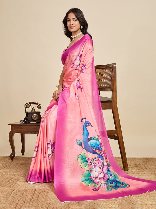 Baby Pink Chinon Saree All Over Single Colour Printed Saree With Blouse Piece