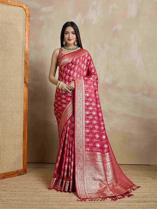 Rosepink Pure Satin Banarasi Saree With Tassels Saree With Blouse Piece