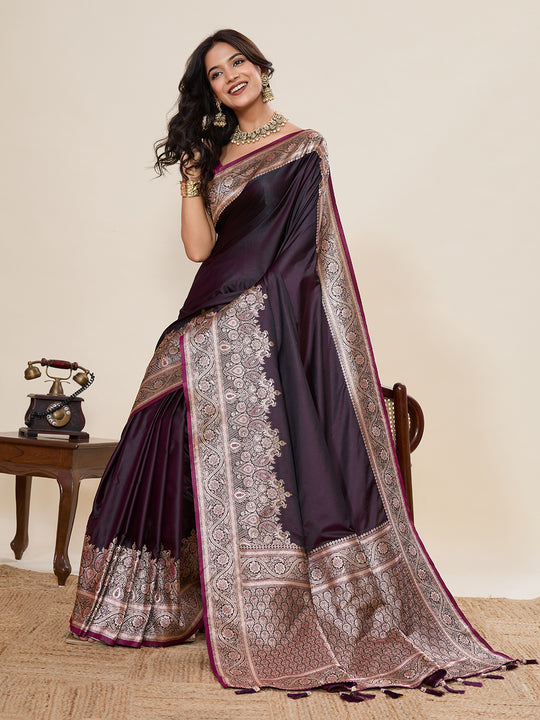 Maroon Pure Satin Silk Gala Border Concept Weaved With Jari And Minakari Rich Pallu Saree With Blouse Piece