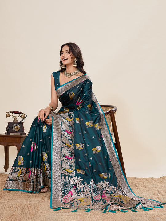 Teal Green Soft Silk Sarees Premium Two Tone Satin Fabric With Unique Pathani Type Designs Saree With Blouse Piece