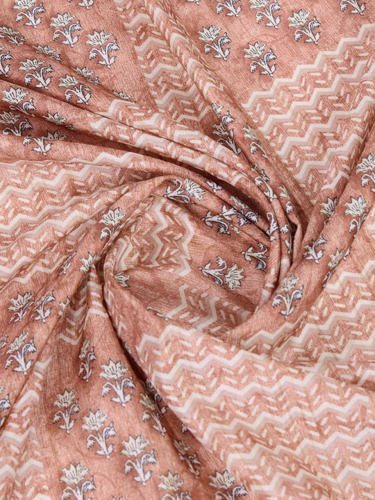 Brown Pure Tussar Silk Ajrakh Block Printed With Blouse Piece