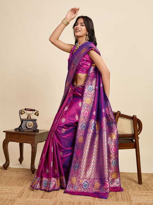 Violet Pure Jacquard Fabrics With Sona Chandi Pure Zari Work Saree With Blouse Piece