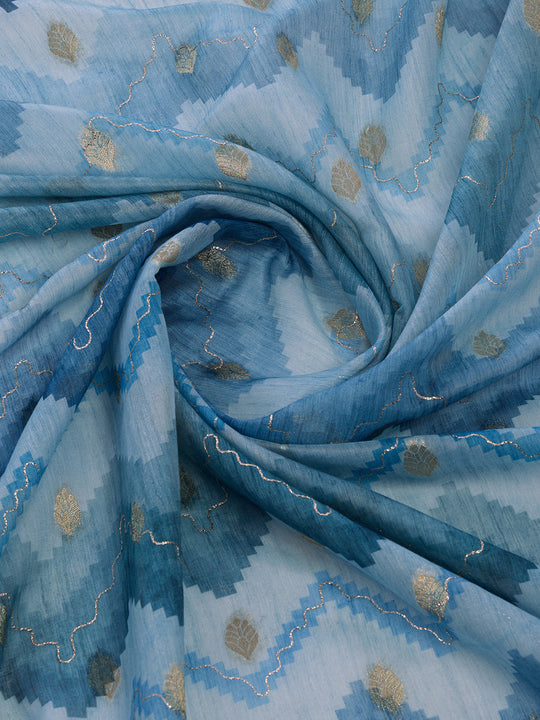 Blue Cotton Blend Saree With Blouse Piece