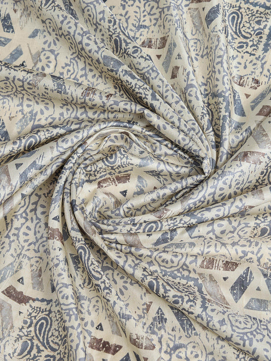 Cream Pure Handloom Tussar Woven Pallu Ajrakh Printed With Blouse Piece
