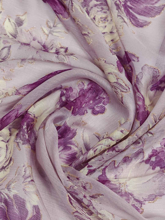 Lavendar Silk Chiffon Viscose Border Floral Printed Saree Saree With Blouse Piece