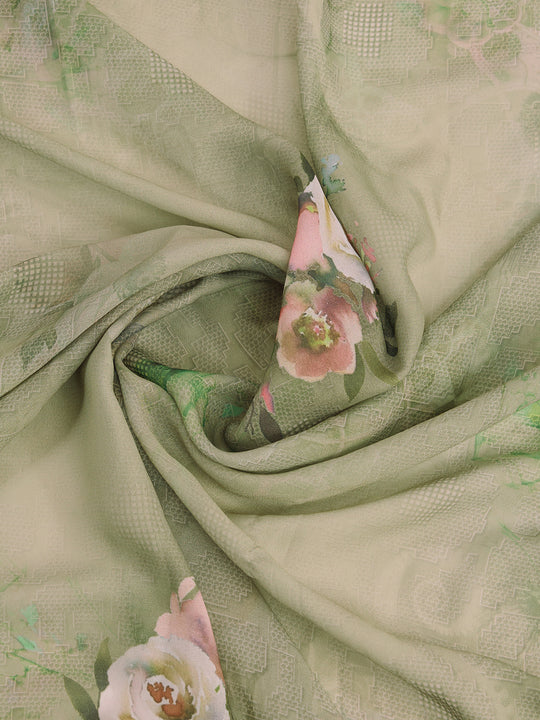 Green Poly Crepe Party Wear Saree With Blouse Piece