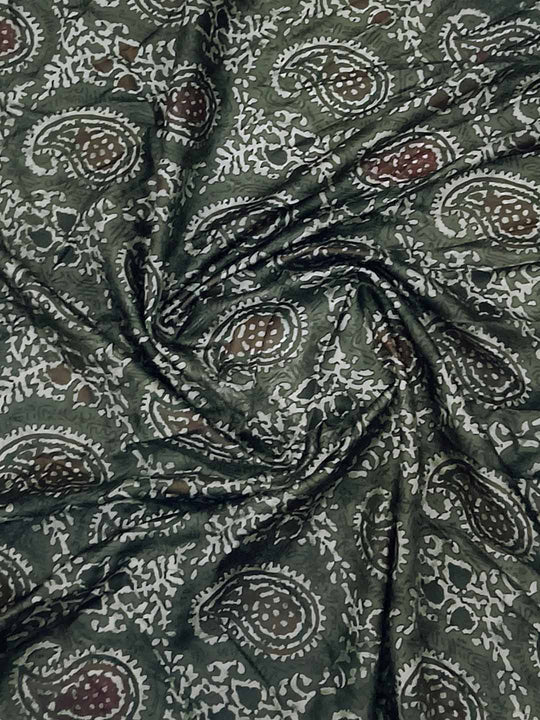 Olivegreen Pure Handloom Tussar Woven Pallu Ajrakh Printed With Blouse Piece