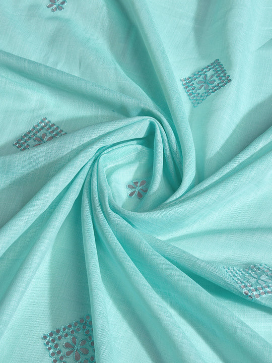 Turquoise Linen Blend Saree With Blouse Piece
