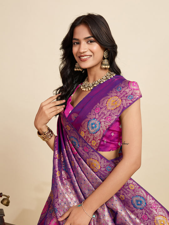 Violet Pure Jacquard Fabrics With Sona Chandi Pure Zari Work Saree With Blouse Piece
