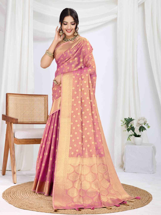 Pink Pure Tissue Silk Banarasi Saree With Brocade Blouse Piece