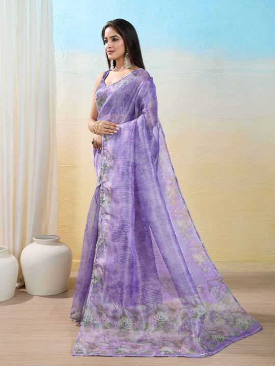 Purple Organza Zari Woven Printed Saree With Hand-Sequence Embellishment Saree With Blouse Piece